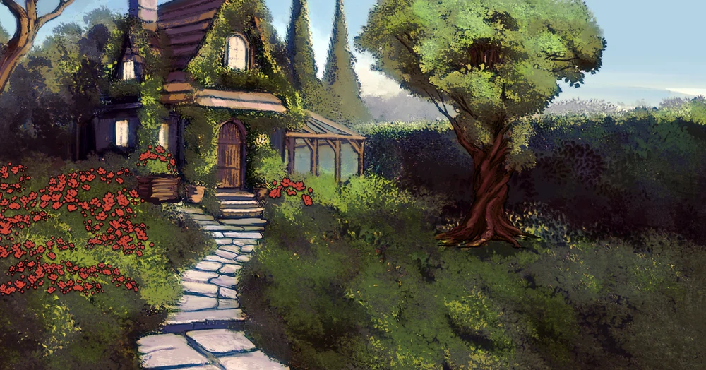 A winding path through a leafy garden to a small cottage