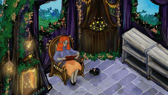The witch and her cat relaxing in a leafy room with glowing lanterns