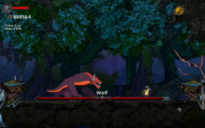 The traveller facing a wolf in a dark forest